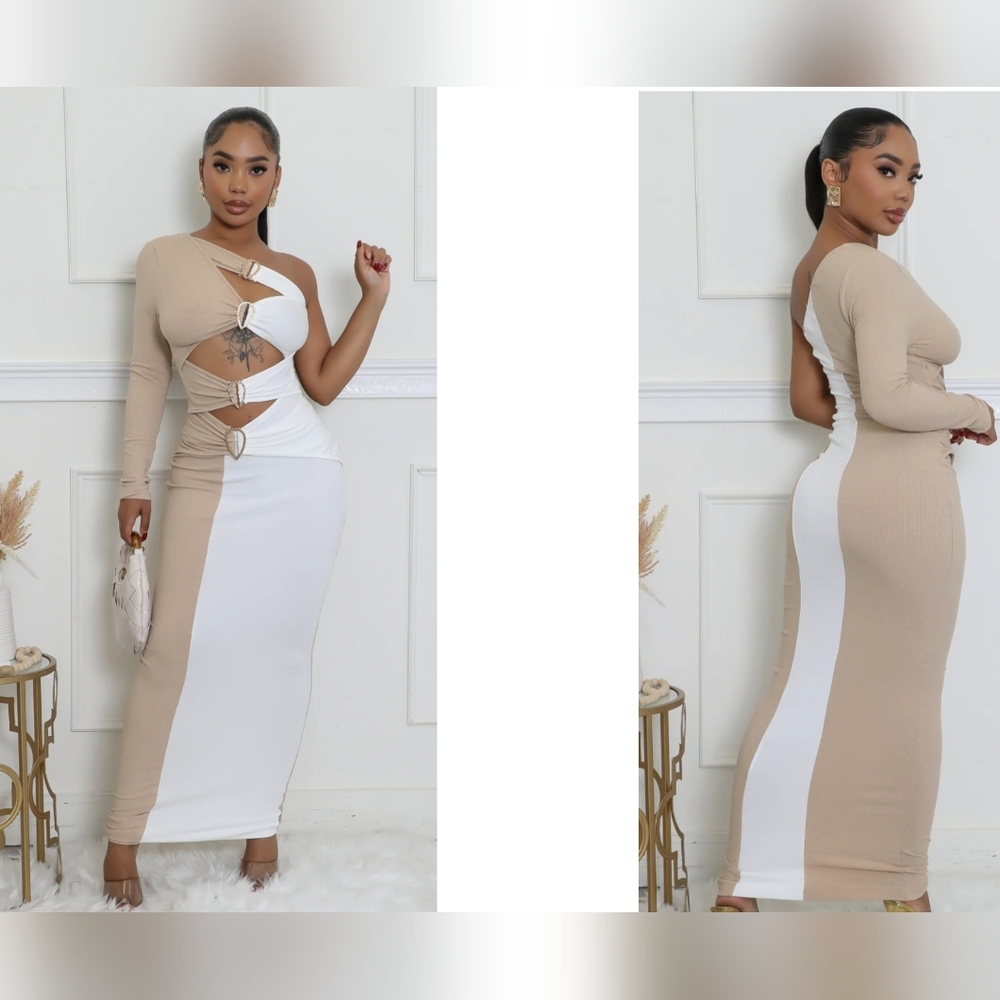 Asymmetric Cutout Maxi Dress in Beige & White